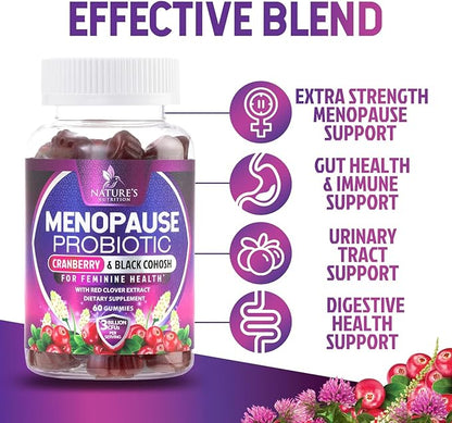 Menopause Probiotic for Women Gummy with Cranberry, 3 Billion CFU Natural Menopause Relief for Mild Hot Flashes & Night Sweats, PH, Vaginal Health, Immune Support, Probiotic Supplement - 60 Gummies