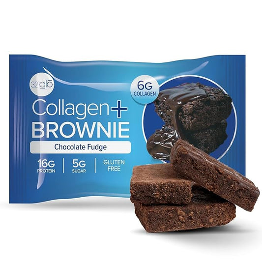 321glo Collagen Protein Brownie | Gluten Free, Low Sugar | Keto Snack for Women, Men, & Kids | 16g Protein, 6g Collagen | 12 Pack (Chocolate Fudge)