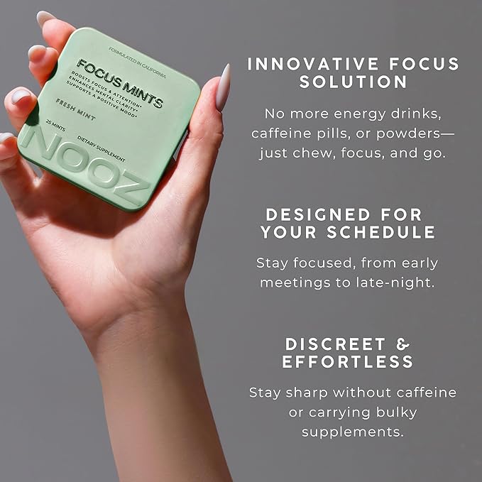 NOOZ Focus Mints - Caffeine-Free Brain Booster for Mental Clarity - Fresh Mint Flavor | Sugar-Free, Travel-Friendly Supplement with Vitamins C, B6, B12 - Non-GMO, Clean Label, 25 Mints