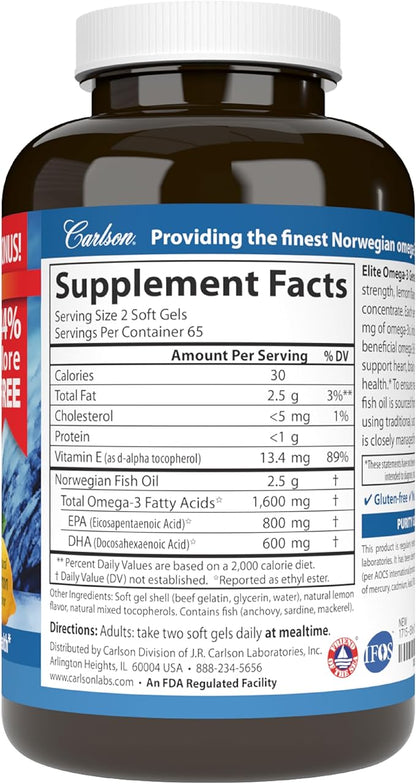 Carlson - Elite Omega-3 Gems, 1600 Omega-3 Fatty 3 Fish 130 Softgels