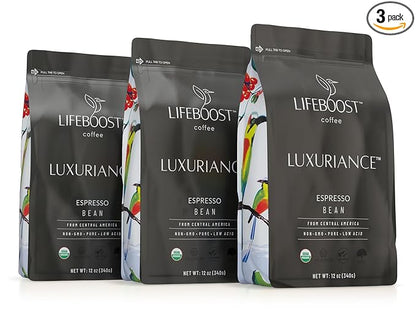 Lifeboost Coffee Espresso Whole Beans Coffee - Low Acid Single Origin USDA Organic Coffee - Non-GMO Espresso Coffee Third Party Tested For Mycotoxins & Pesticides (Espresso Whole Bean 12oz x 3 pack)