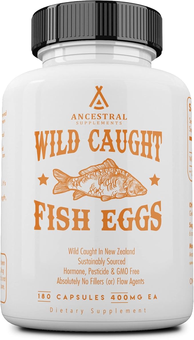 Ancestral Supplements Wild Caught Fish Eggs, 2400mg, Omega-3 Supplement Supports Brain, Heart, Fertility and Inflammatory Health, Whole Food Source of Vitamin D, K2, and A, Non-GMO, 180 Capsules