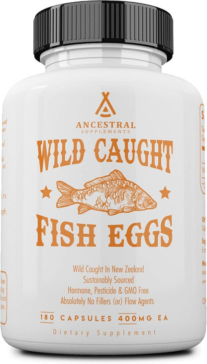 Ancestral Supplements Wild Caught Fish Eggs, 2400mg, Omega-3 Supplement Supports Brain, Heart, Fertility and Inflammatory Health, Whole Food Source of Vitamin D, K2, and A, Non-GMO, 180 Capsules