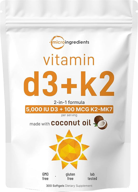 Micro Ingredients Vitamin D3 5000 IU K2 (MK-7) (MK-7) 100 100 mcg, 300 Virgin 2 in 1 Vitamins