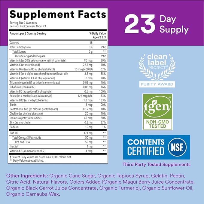 SmartyPants Toddler Multivitamin Gummies: Omega3 Fish D3, C, B12, B6, B6, Vitamin 70 Count (23Day Supply)