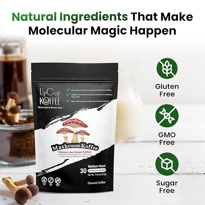 UpCup Koffee Functional Ground Mushroom Coffee - Includes Lions Mane, NAD+, & Himalayan Shilajit for Immune Support & Cognitive Boost - Made with Colombian Beans, Shilajit, & Lion's Mane Mushroom
