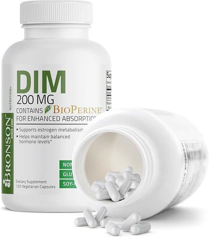 Bronson DIM Supplement 200 MG Diindolymethane with BioPerine for Enhanced Absorption, Estrogen Metabolism & Maintains Balanced Hormone Levels, 120 Vegetarian Capsules