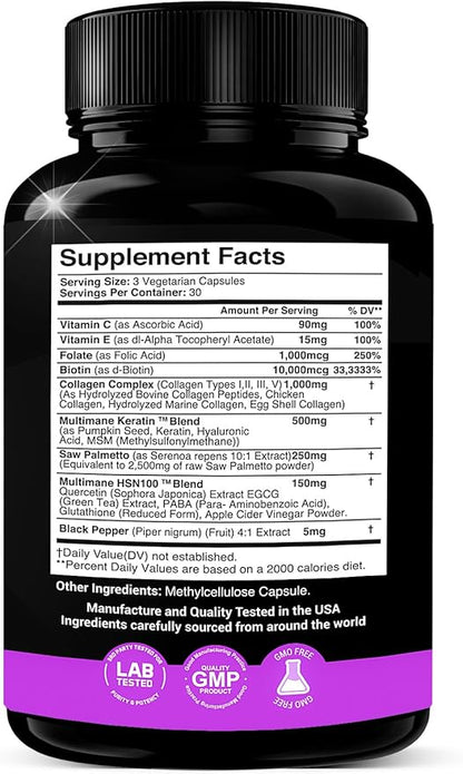 Collagen, Saw Palmetto, Biotin, Keratin, Keratin & Hyaluronic Acid - 16-in-1 Beauty Supplement with Vitamin C & E, Collagen Complex, Keratin Blend & HSN100 - Hair, Skin & Nail Growth - 90 Capsules