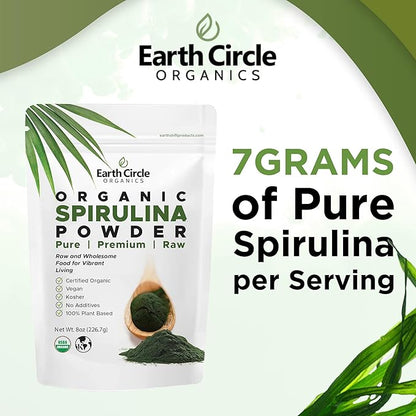 Earth Circle Organics Spirulina Powder, Kosher, Raw and Non-Irradiated | Pure Vegan Protein | Premium Energy Superfood, High Amino Acids and Antioxidants - (8oz - 3 Pack)