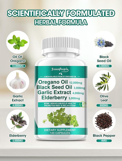 Oregano Oil 12,000mg Black Seed Oil 3,000mg Garlic 4,000mg Elderberry 3,000mg - D3 & 120 Capsules丨Vegan