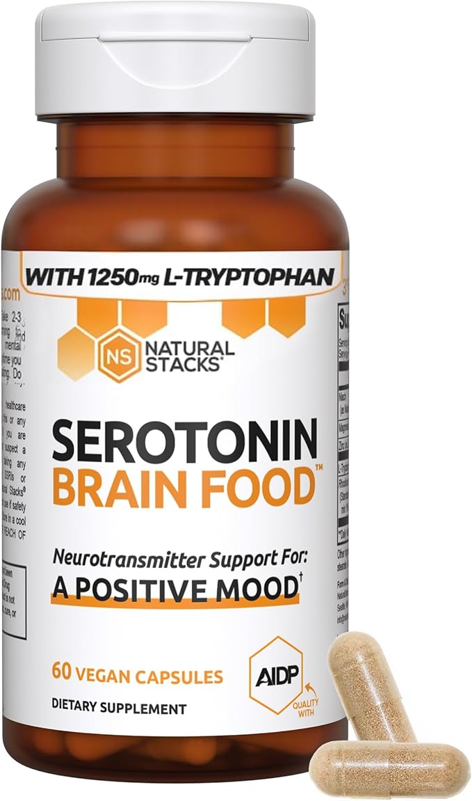 NATURAL STACKS Serotonin Brain Food w/L-Tryptophan & Rhodiola Rosea - Mood Support Supplement - Promotes Positive Mood, Calmness, Stress Relief - Happy Mood & Brain Support Supplement - 60 Capsules