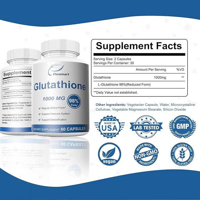 Glutathione Supplement 98%+ Highly Purified and Bioavailable 1000mg Immune 60 Capsules