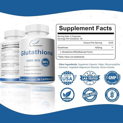 Glutathione Supplement 98%+ Highly Purified and Bioavailable 1000mg Immune 60 Capsules