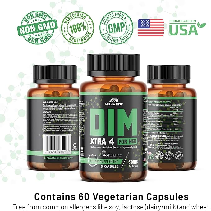 Premium DIM Supplement for Men | Estrogen Blocker & Aromatase Inhibitor | Diindolylmethane, Nettle Root Extract, Magnesium Glycinate & Sulforaphane | Hormone Balance & Liver Protection | 60 Capsules