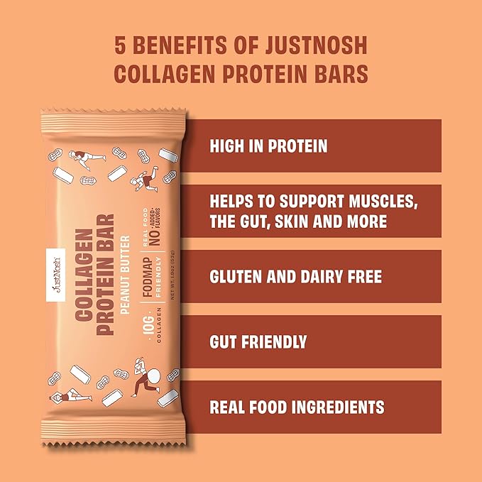 JustNosh Collagen Protein Bars, 10g Collagen, 16g Protein, Gluten Free, Dairy Free, FODMAP Friendly, Seed Oil Free Certified, Clean Ingredients | Peanut Butter (12 Pack)