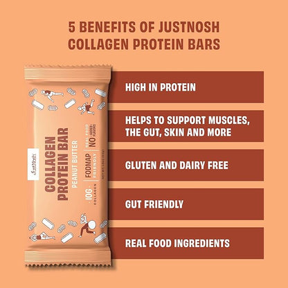 JustNosh Collagen Protein Bars, 10g Collagen, 16g Protein, Gluten Free, Dairy Free, FODMAP Friendly, Seed Oil Free Certified, Clean Ingredients | Peanut Butter (12 Pack)