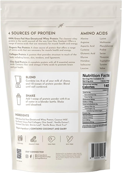 JUST INGREDIENTS Vanilla Protein Powder | 15 Servings | 100% Grass-Fed Whey | Non-GMO, Gluten-Free, No Artificial Flavors
