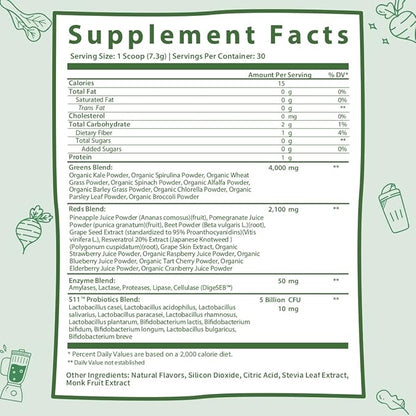 GOBIOTIX Super Greens and Reds Powder - Red and Green Superfood - Probiotic Supplement - Digestive Enzymes and Beet Root Powder - Organic Whole Foods Dietary Supplement (Pom Raspberry, 1 Pack)