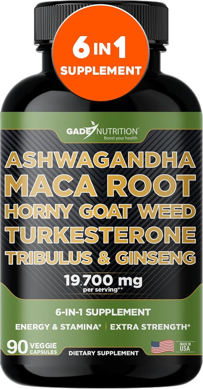 Ashwagandha - Maca Root - Horny Goat Weed - Turkesterone - Tribulus - Ginseng, 90 Capsules - Made in USA