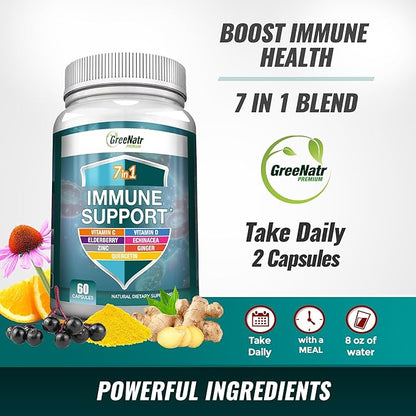 7 in 1 Immune Support Supplement D3, Zinc 50mg, Quercetin, 60 Capsules (1 Bottle)