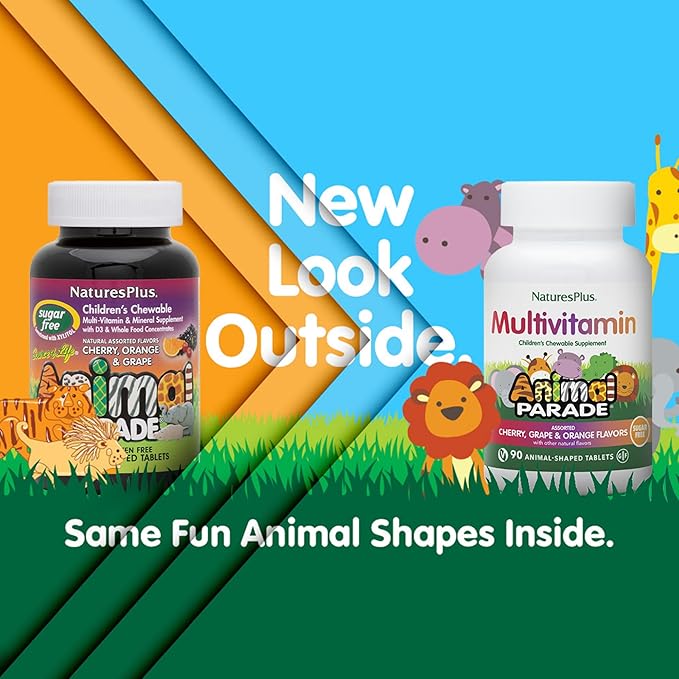 Natures Plus Animal Parade Sugar-Free Children's Multivitamin - Assorted Cherry, Grape & Orange Flavors - 90 Chewable Tablets - 45 Total Servings