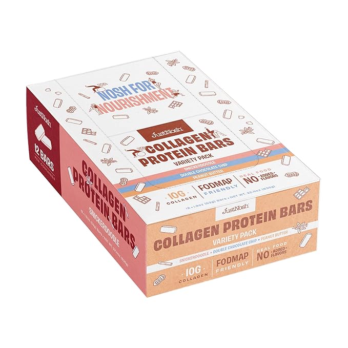 JustNosh Collagen Protein Bars, 10g Collagen, 15g Protein, Gluten Free, Dairy Free, FODMAP Friendly, Seed Oil Free Certified, Clean Ingredients | Variety Pack (12 Pack)