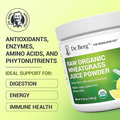 Dr. Berg USDA Certified Organic Green Powder Superfood (60 Servings) - Made with Raw Wheatgrass Powder, Chlorophyll, Trace Minerals & Natural Enzymes - Non-GMO Green Superfood Powder - Lemon Flavor