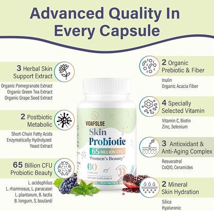 Beauty Probiotics for Women, Collagen Boost with 3-in-1 Complete Prebiotics, Postbiotics & Probiotics for Hair, Skin, Nails & Vaginal Health - 65 Billion CFU, Ceramides, Resveratrol & CoQ10, 60 Caps