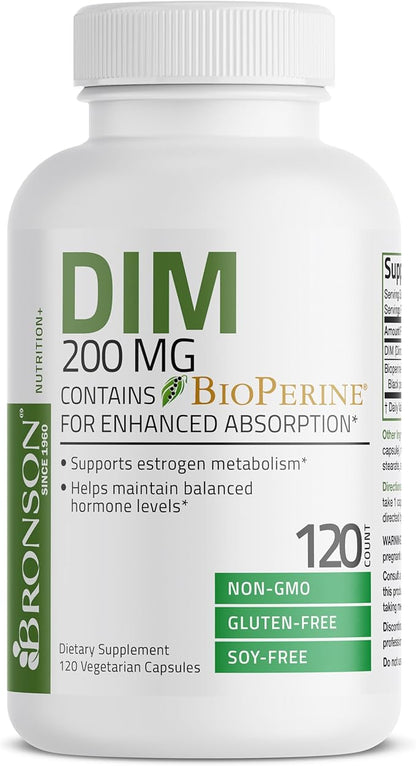 Bronson DIM Supplement 200 MG Diindolymethane with BioPerine for Enhanced Absorption, Estrogen Metabolism & Maintains Balanced Hormone Levels, 120 Vegetarian Capsules