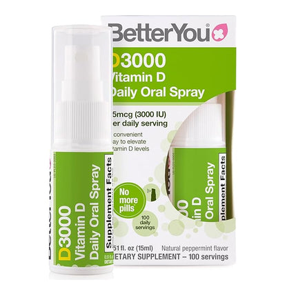 BetterYou D3000 Vitamin D Oral Spray - Convenient Alternative for Tablets - Promotes Strong Bones, Teeth and Immune System - Aids in Calcium Absorption - Natural Peppermint Flavor - 0.5 oz
