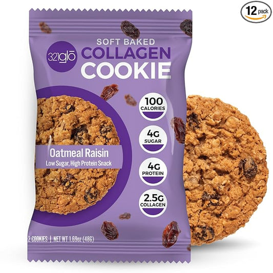 321glo Collagen Protein Cookies, Soft-Baked Cookies, Low Carb and Keto Friendly Treats for Women, Men, and Kids, 12-PACK (Oatmeal Raisin)