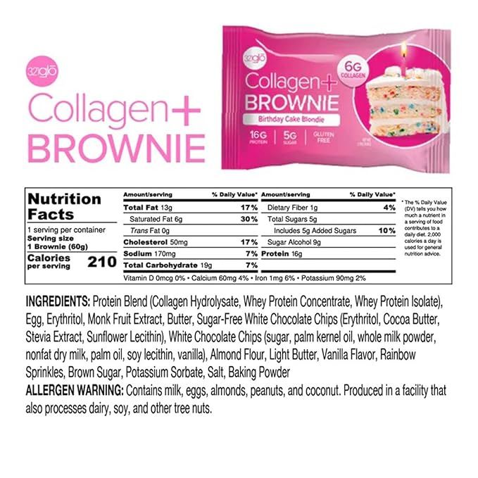 321glo Collagen Protein Brownie | Gluten Free, Low Sugar | Keto Snack for Women, Men, & Kids | 16g Protein, 6g Collagen | 12 Pack (Birthday Cake Blondie)