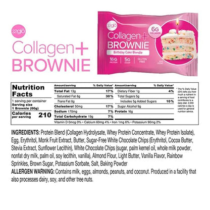 321glo Collagen Protein Brownie | Gluten Free, Low Sugar | Keto Snack for Women, Men, & Kids | 16g Protein, 6g Collagen | 12 Pack (Birthday Cake Blondie)