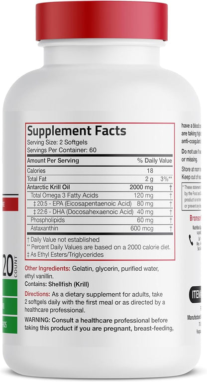 Bronson Antarctic Krill Oil 2000 mg Omega-3s EPA, 120 Softgels (60 Servings)