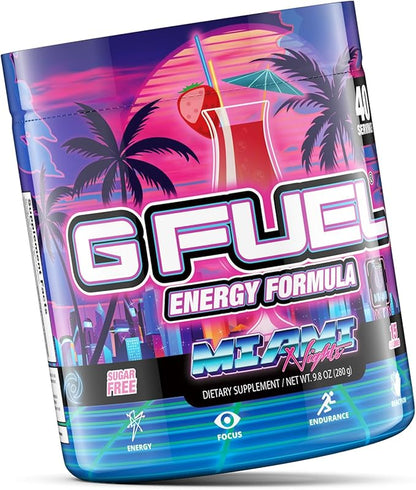 G Fuel Miami Nights Energy Drink Powder, Pre Workout Caffeine Mix for Gaming, Sugar Free Focus Amino, Vitamin + Antioxidants, 9.9oz (Strawberry Pina Colada, 40 Servings)