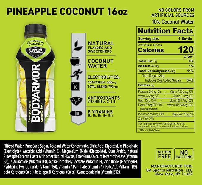 BODYARMOR Sports Drink Sports Beverage, Pineapple Coconut, Coconut Water Hydration, Natural Flavors With Vitamins, Potassium-Packed Electrolytes, Perfect For Athletes, 16 Fl Oz (Pack of 12)