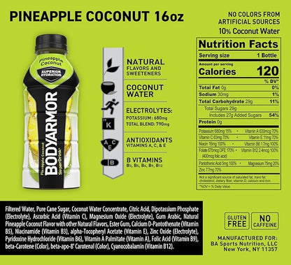 BODYARMOR Sports Drink Sports Beverage, Pineapple Coconut, Coconut Water Hydration, Natural Flavors With Vitamins, Potassium-Packed Electrolytes, Perfect For Athletes, 16 Fl Oz (Pack of 12)
