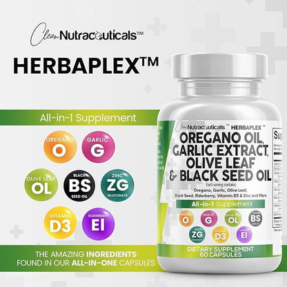 Clean Nutraceuticals Oregano Oil Garlic Extract Olive Leaf Black Seed Oil - Immune Support & Digestive Health Supplement for Women and Men with Vitamin D3 & Zinc - 1Pack