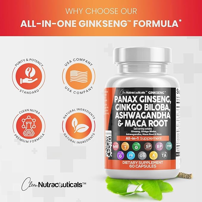Clean Nutraceuticals Panax Ginseng 10000mg Ginkgo 4000mg Ashwagandha 3000mg - 60 Caps