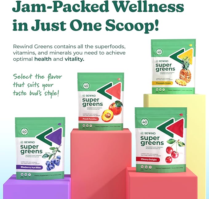 Rewind Greens - Super Greens Powder - Delicious Green Juice Drink Mix with Amazing Flavor - Over 40 Superfoods - Vitamin B12, Zinc, Vitamin C, Magnesium, and Calcium - Pineapple Dream