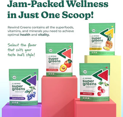Rewind Greens - Super Greens Powder - Delicious Green Juice Drink Mix with Amazing Flavor - Over 40 Superfoods - Vitamin B12, Zinc, Vitamin C, Magnesium, and Calcium - Blueberry Acai Bliss