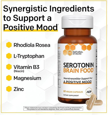 NATURAL STACKS Serotonin Brain Food w/L-Tryptophan & Rhodiola Rosea - Mood Support Supplement - Promotes Positive Mood, Calmness, Stress Relief - Happy Mood & Brain Support Supplement - 60 Capsules