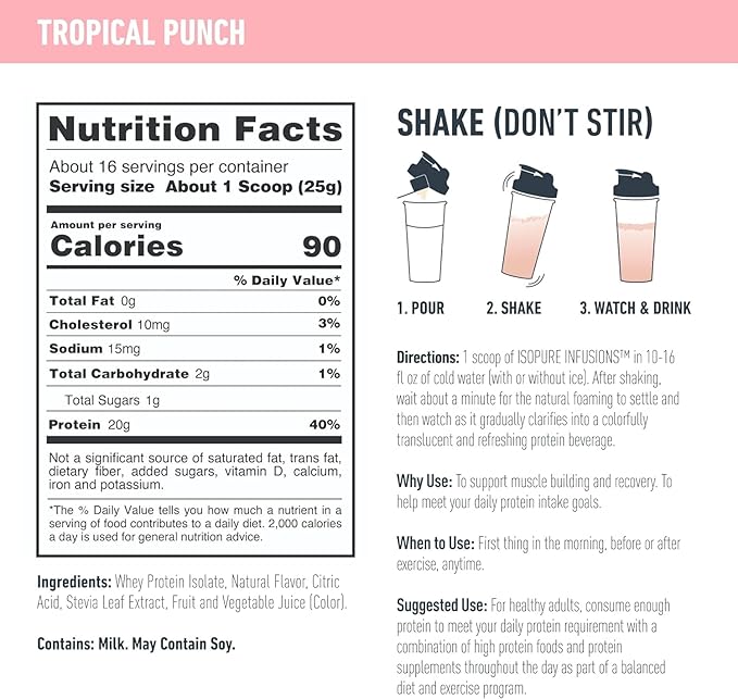 Isopure Clear Whey Isolate Protein Powder Infusions, Lactose Free, Gluten Free, Naturally Flavored, Tropical Punch, 20g Protein Per Serving, 14.1 Oz, 16 Servings