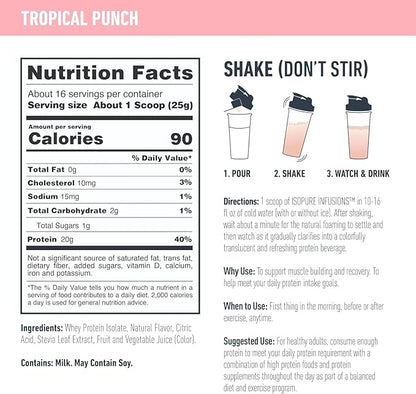 Isopure Clear Whey Isolate Protein Powder Infusions, Lactose Free, Gluten Free, Naturally Flavored, Tropical Punch, 20g Protein Per Serving, 14.1 Oz, 16 Servings