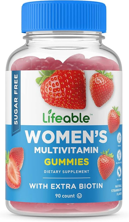Lifeable Sugar Free Multivitamin for Women B1, B2, B2, Niacin, B5, B6, B6, Folate, B12, Biotin, 90 Gummies
