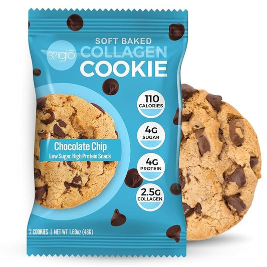 321glo Collagen Cookies | Soft Baked, High Protein Cookies | Low Carb, Low Sugar | Keto Snack for Women, Men, & Kids | 12 Pack (Chocolate Chip)