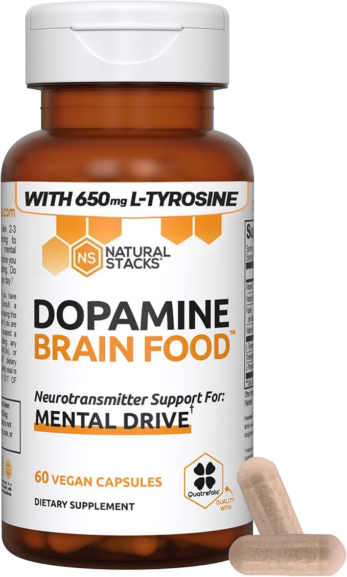 NATURAL STACKS Dopamine Brain Food - 650mg L-Tyrosine Supplement - Dopamine Supplement for Focus & Mental Drive - Supports Mental Energy - Neurotransmitter Support with B Vitamins - 120 Capsules