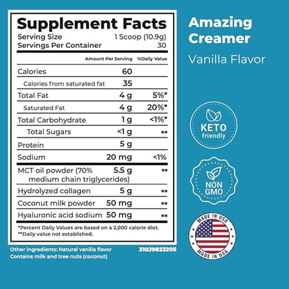 Superfoods Company Amazing Creamer with Collagen - Keto Creamer-Hyaluronic Acid & MCT Oil - Brain Boost & Curbs Cravings - Supports Healthy Skin & Hair - Diet-Friendly [60 Servings] [Vanilla]