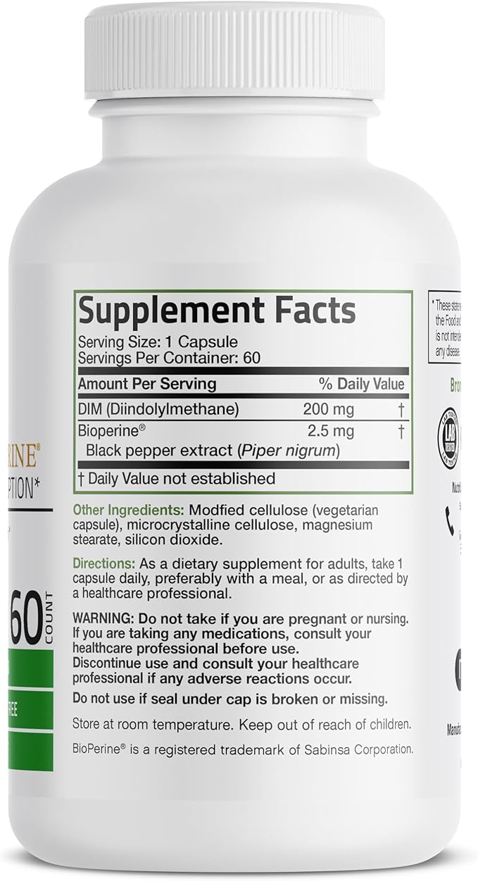 Bronson DIM 200 MG Supplement Diindolymethane with BioPerine for Enhanced Absorption, Estrogen Metabolism & Maintains Balanced Hormone Levels, 60 Vegetarian Capsules