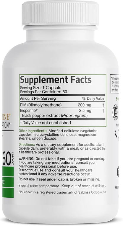 Bronson DIM 200 MG Supplement Diindolymethane with BioPerine for Enhanced Absorption, Estrogen Metabolism & Maintains Balanced Hormone Levels, 60 Vegetarian Capsules